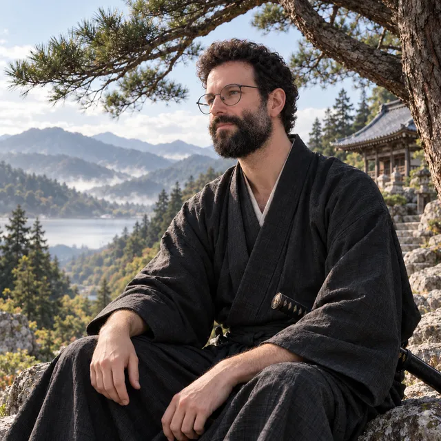 AI-generated portrait of Chris sitting beneath a pine tree, with a lake and mountains behind him.